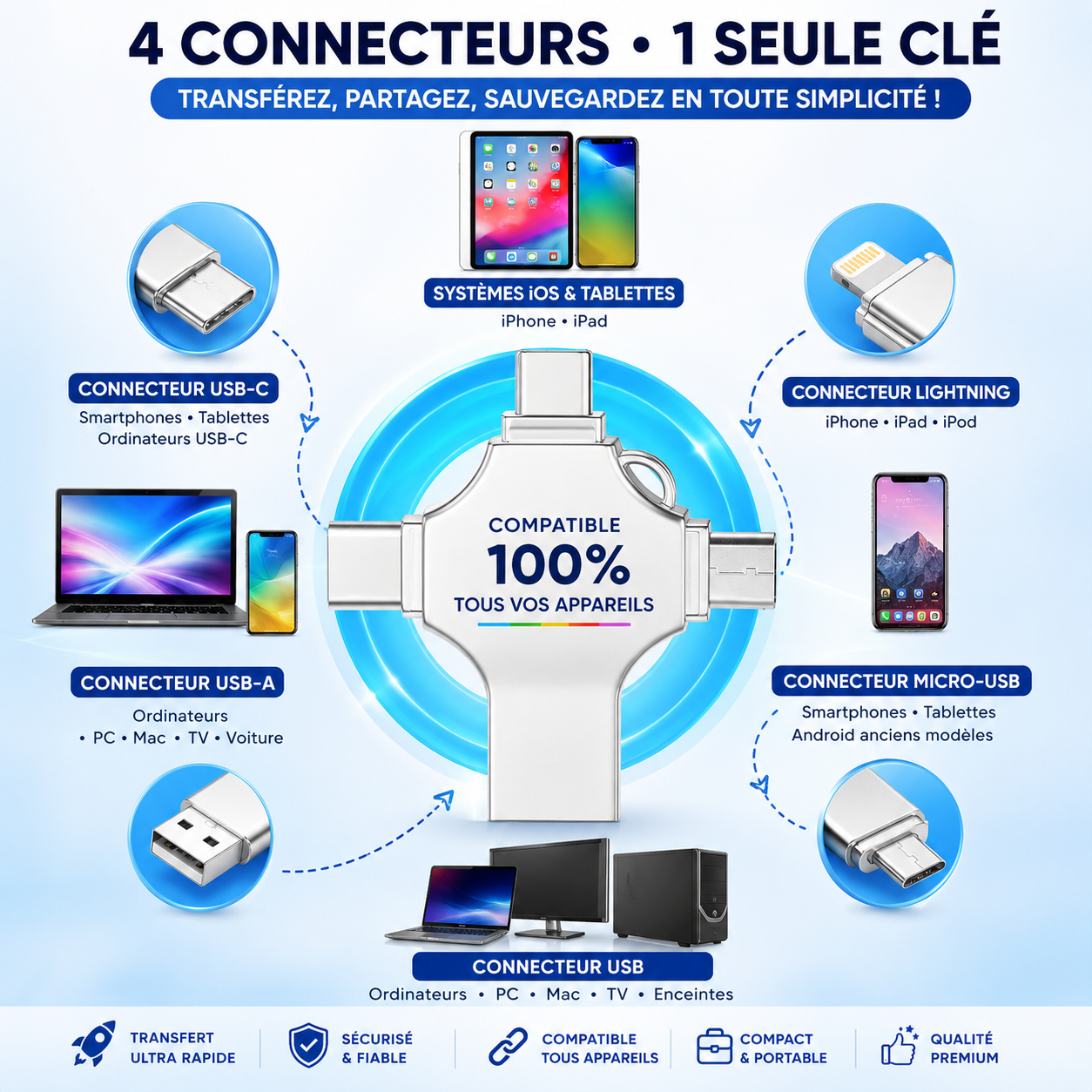 Clé USB 4-en-1 Multifonction — Libérez votre espace en quelques secondes