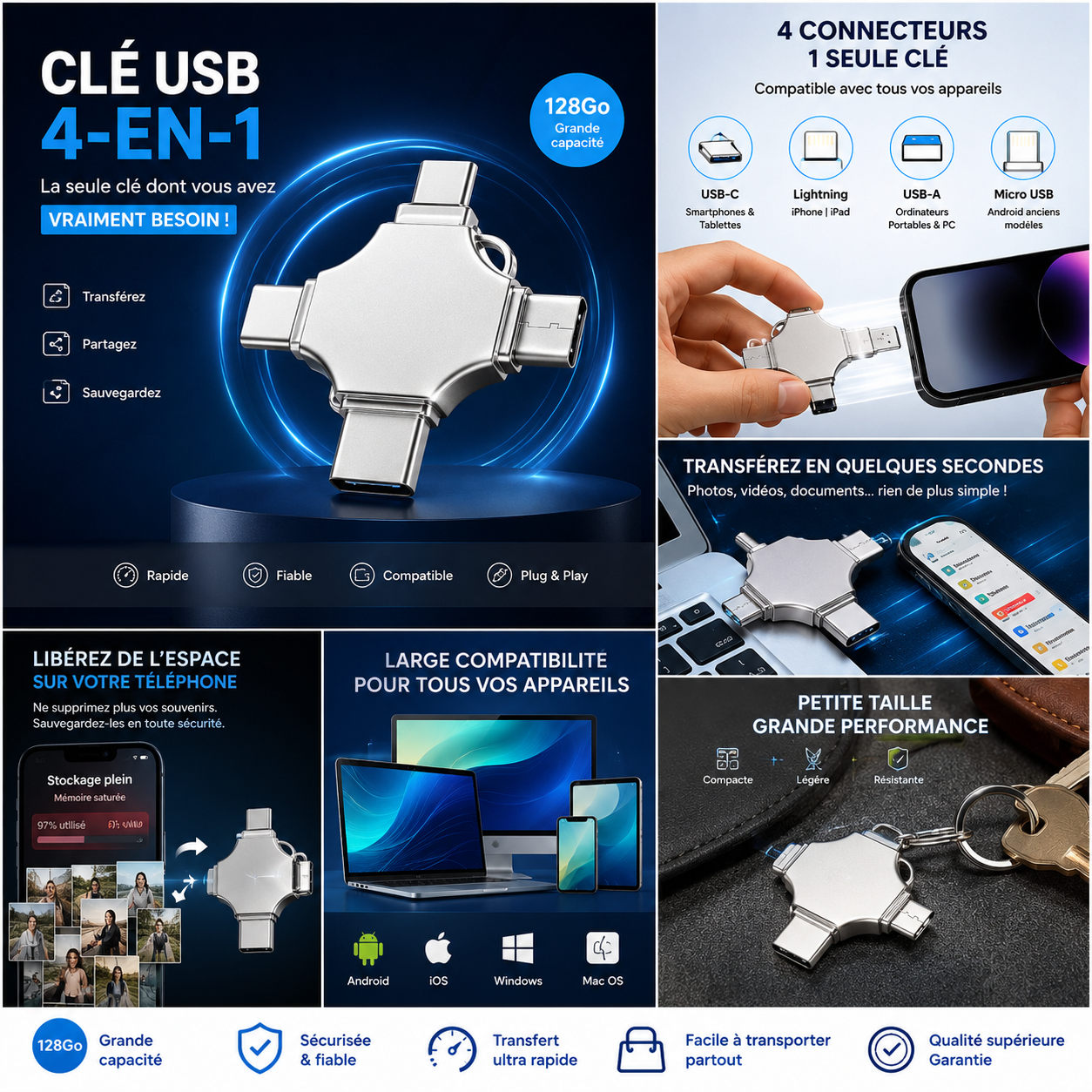 Clé USB 4-en-1 Multifonction — Libérez votre espace en quelques secondes
