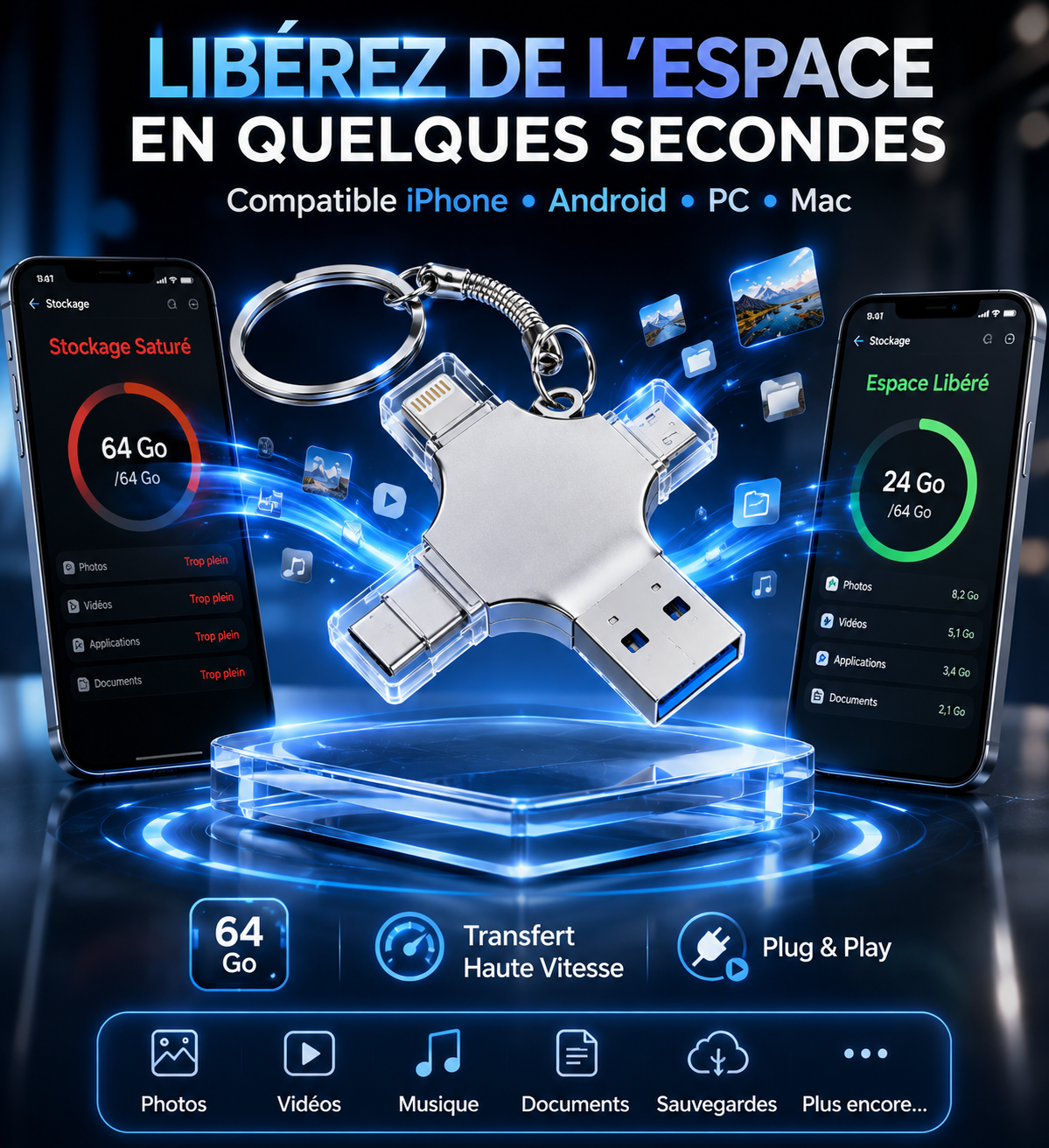 Clé USB 4-en-1 Multifonction — Libérez votre espace en quelques secondes